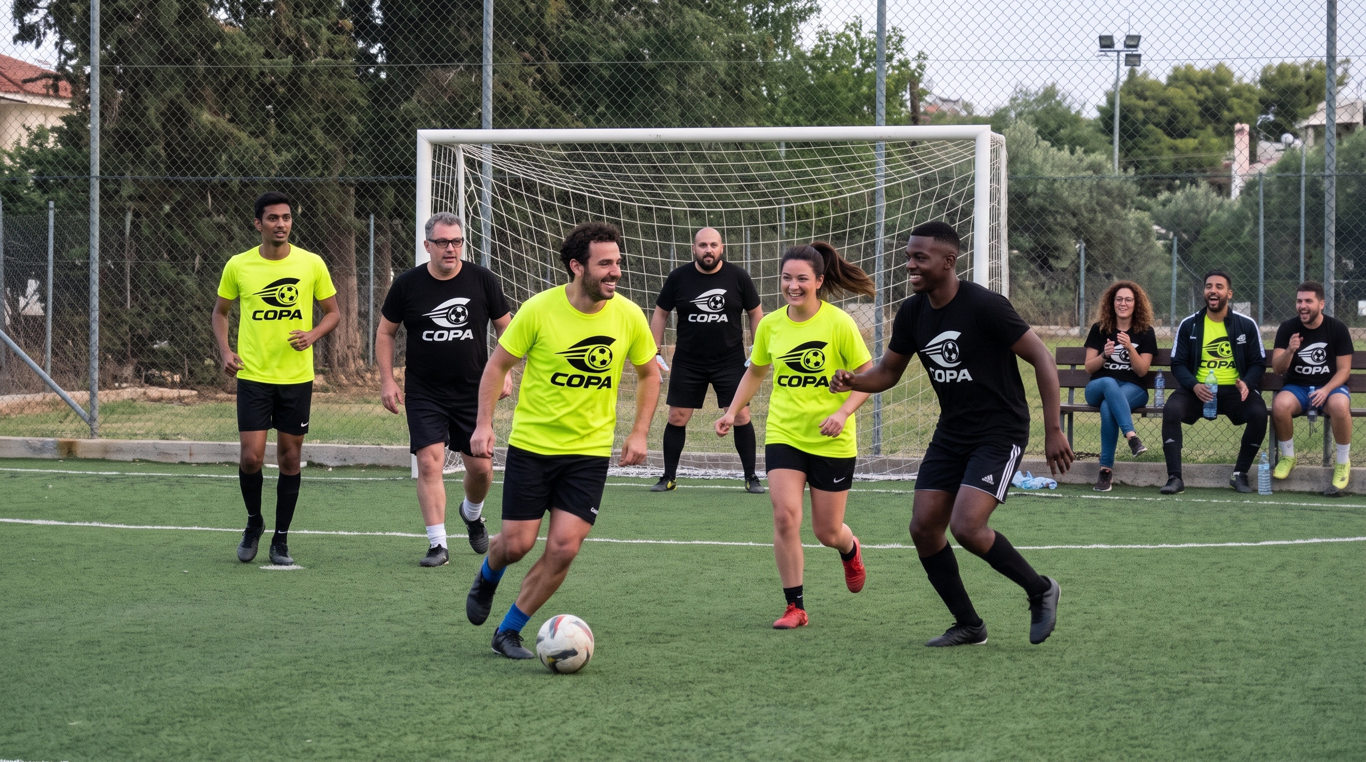 Παρέα παικτών με μπλούζες CopaFutbol παίζει ποδόσφαιρο στο γήπεδο